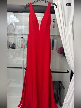 Xscape Elegant Red V-Neck Women's Evening Gown with nude mesh inlay
